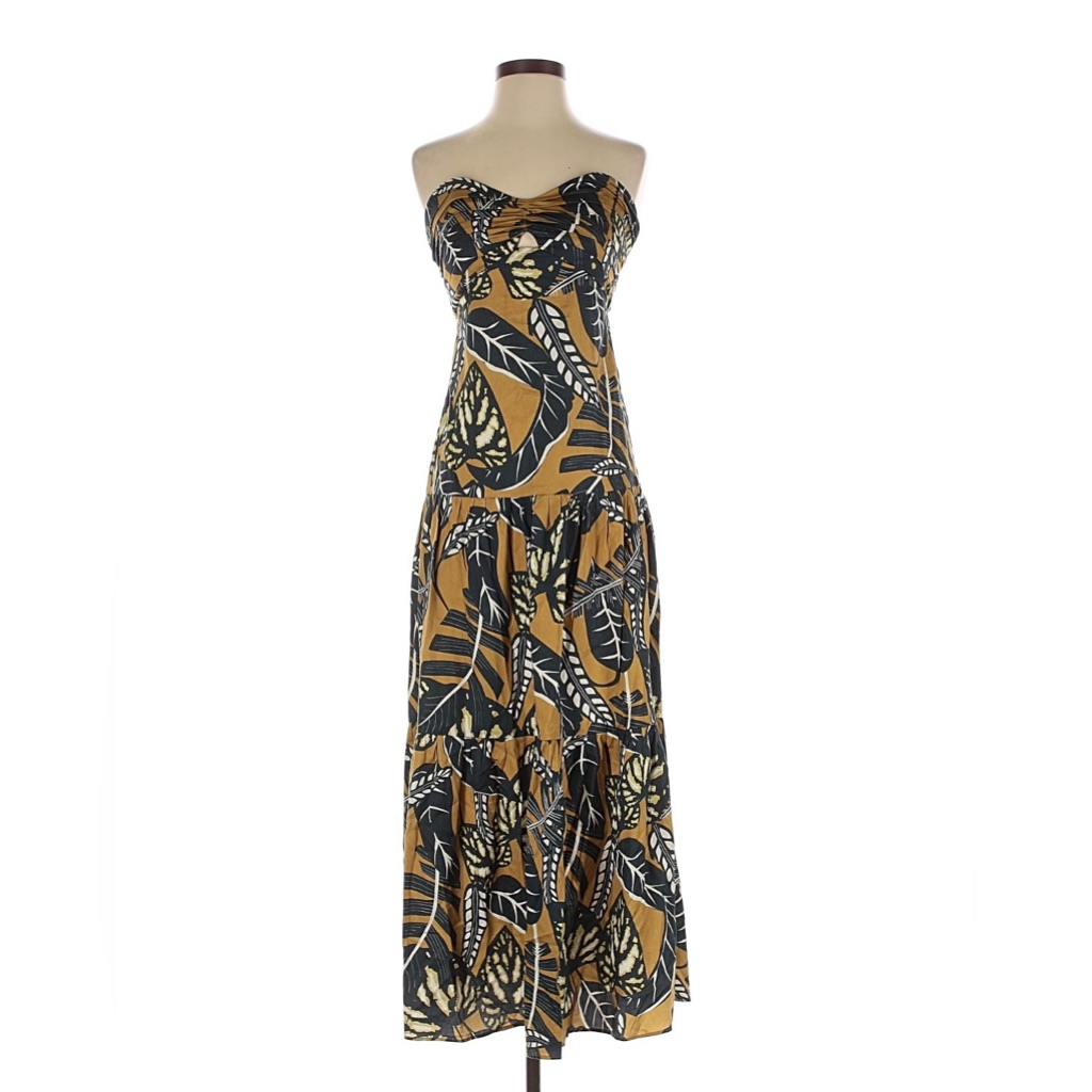 Karina Grimaldi Strapless Maxi Dress In Mustard And Black Leaf Print